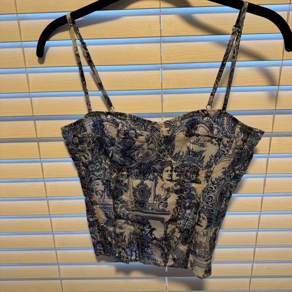 Blue Renaissance Print Structured Corset Top - Picture 2 of 3